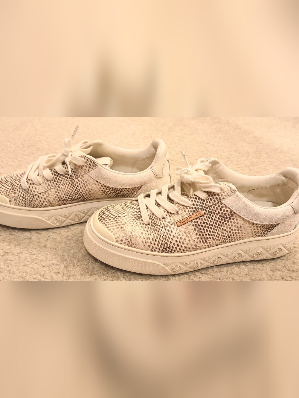 Tory Burch Beige and White Snake-Print Leather Ladybug Sneakers